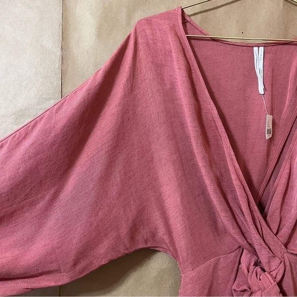 Anthropologie NWT Puff Sleeve Wrap Mini Dress Linen Blend Tie Front Pink Size 8 - Picture 7 of 16